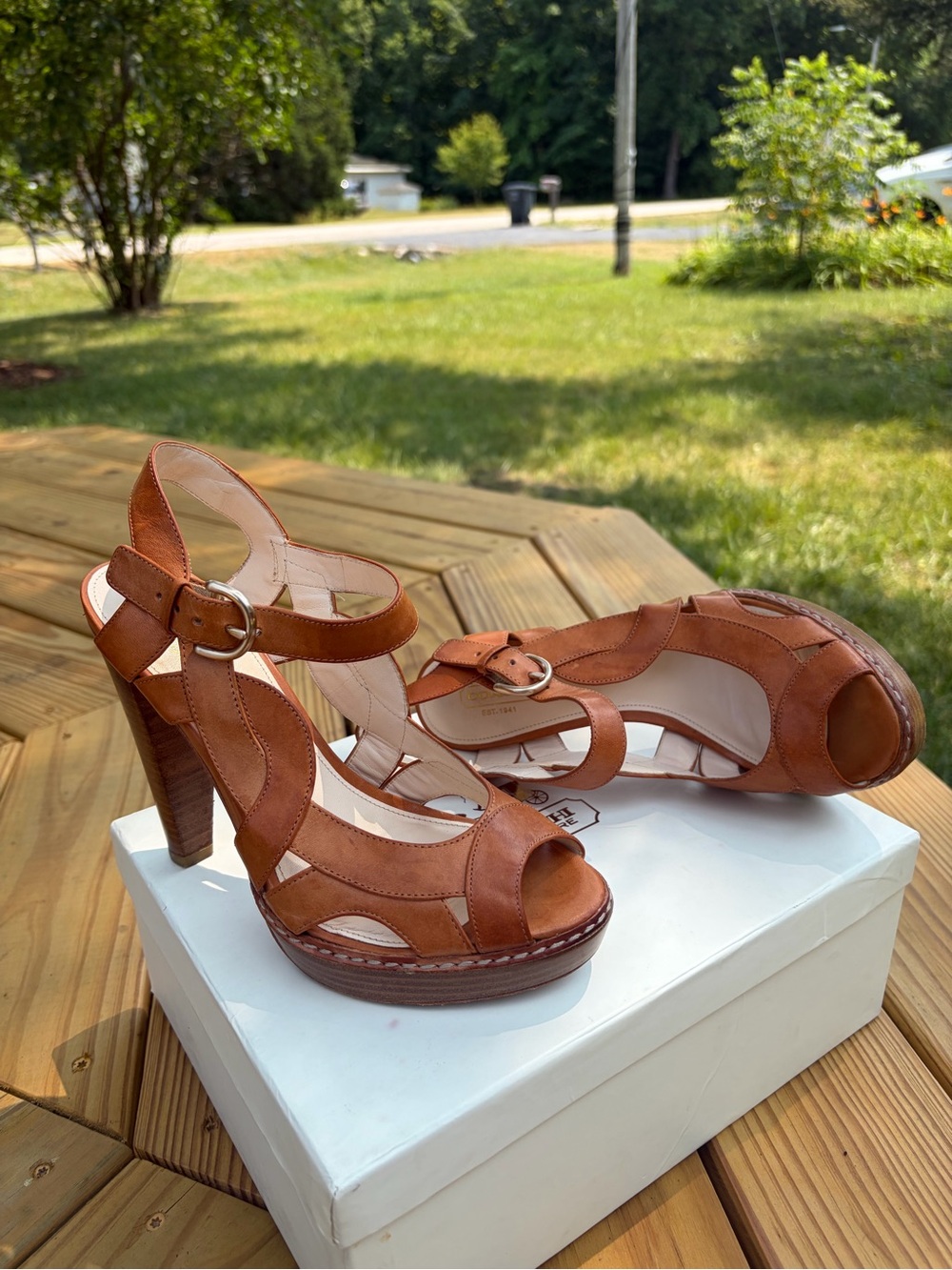 Coach Cognac Leather Peep-Toe Platform Heels with Ankle Buckle